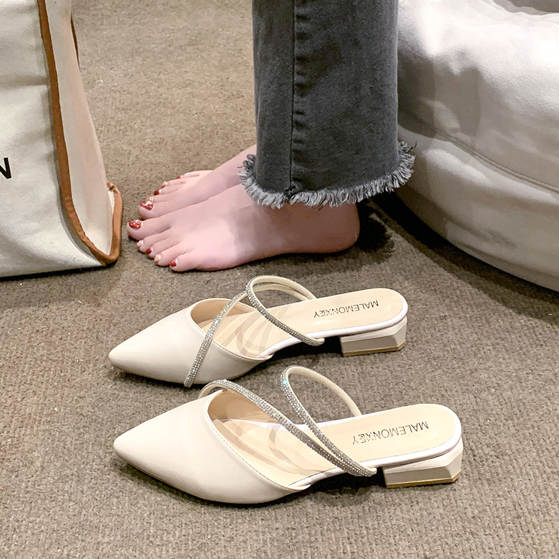 法式优雅包头半拖鞋女2026年夏季新款时尚水钻带粗跟尖头穆勒凉拖