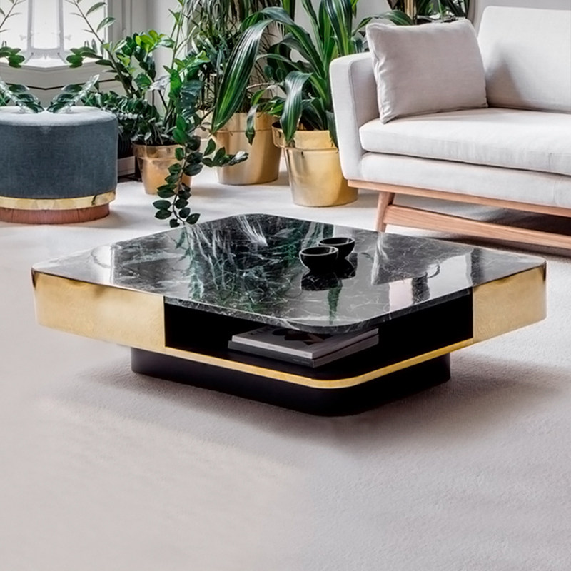 Light luxury post-modern natural marble storage coffee table metal stainless steel minimalist high-end villa rectangular living room