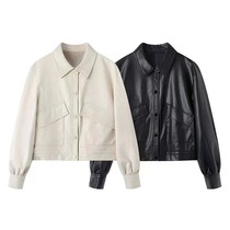 2024 Spring autumn season Short-style washed PU leather jacket Girl jacket loose small subblouse jacket small sub large pocket