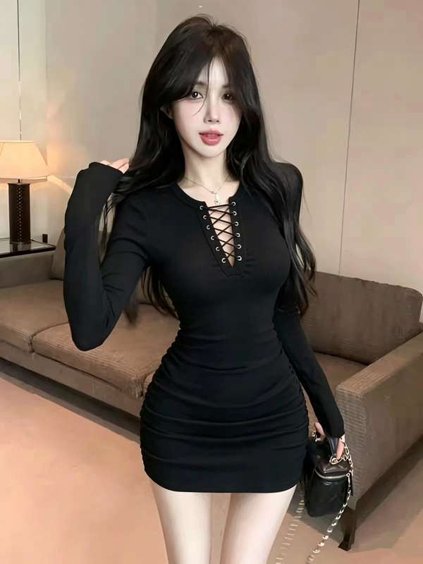 Atmospheric Hot Girl Little Black Dress V-Neck Cross-Tie Long-Sleeve Stretchy Slim-Fit Ruched Waist-Hugging Bodycon Dress for Women