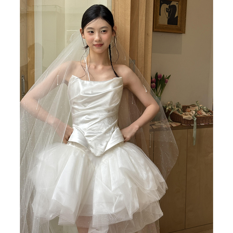 Tube Top Light Wedding Dress, Short Satin Puffy Skirt for Petite Brides, Bridal Morning Gown, Engagement Dress, Registration White Dress Tube Top Light Wedding Dress, Short Satin Puffy Skirt for Petite Brides, Bridal Morning Gown, Engagement Dress, Registration White Dress