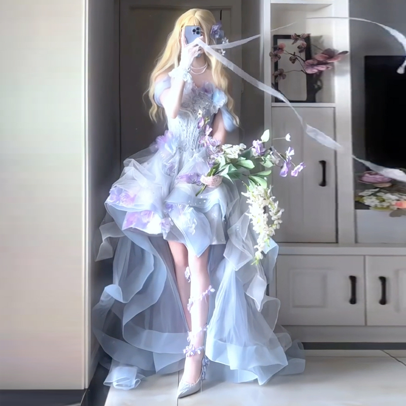 One-Shoulder Runaway Princess Tutu Dress, Elaborate and Ethereal, High-End Engagement, Birthday Party, Evening Dress, Short in Front and Long in Back
