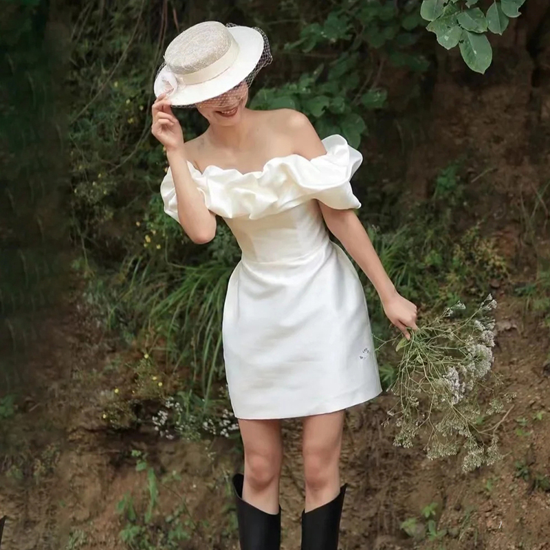 Petite Wedding Dress, French Engagement High-End Satin Coming-Of-Age Ceremony Dress, Sexy Girl Group Dance Short Dress Petite Wedding Dress, French Engagement High-End Satin Coming-Of-Age Ceremony Dress, Sexy Girl Group Dance Short Dress