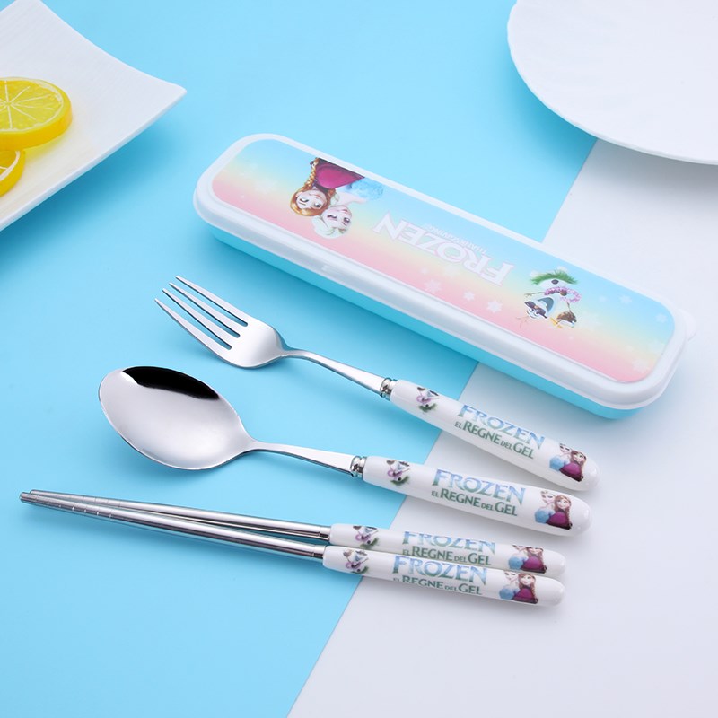 Ice and snow chic edge cutlery stainless steel portable children's box with three ceramic Aisha Aisha Aisha Princess spoon chopstick fork