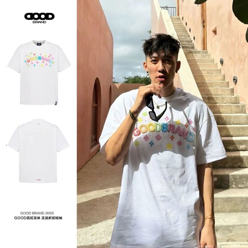 Good Neon Floral Foam Short Sleeve Casual Summer New Style Unisex Couple Loose Top T-Shirt Trendy Clothing