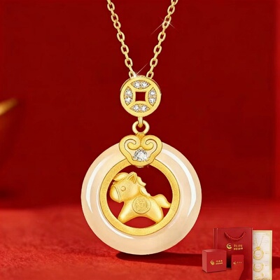 珍尚银S925小马平安扣和田玉项链