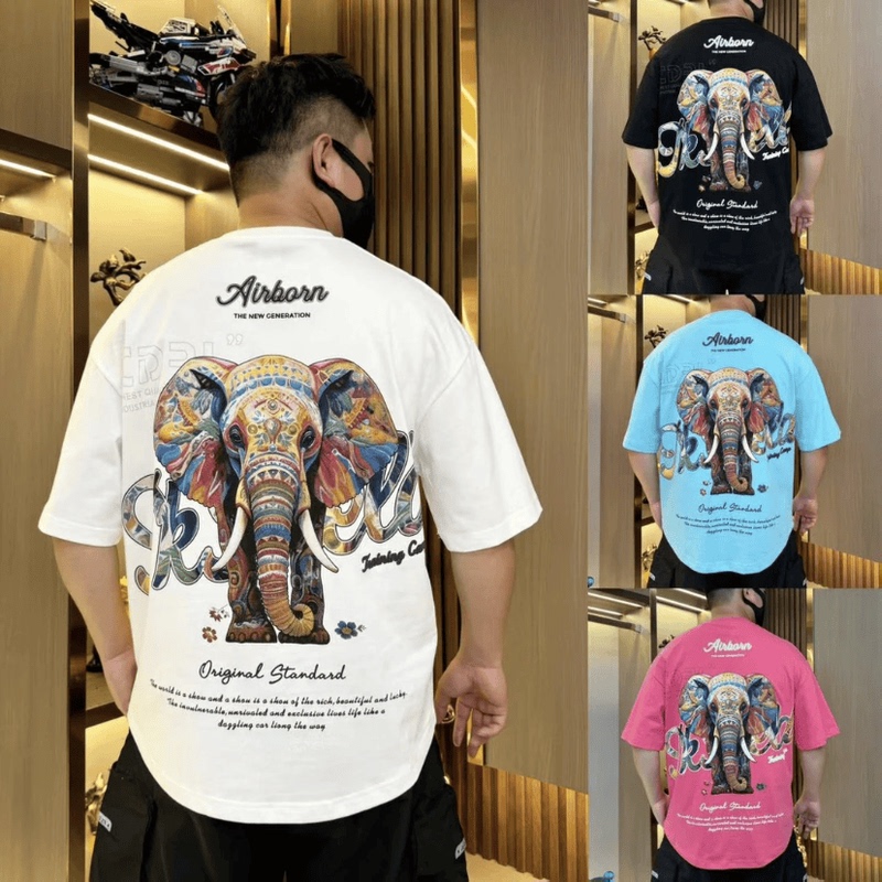 Summer New Style Curved Short-Sleeve Men's T-Shirt with Elephant Pattern, Loose Fit, Versatile, Trendy Street Style Swallowtail Design