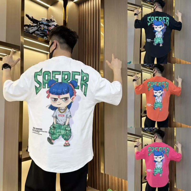 Summer Pure Cotton Short-Sleeve Curved Hem Men's T-Shirt 2026 New Model with Nezha Pattern, Loose and Versatile Swallowtail Style for Young People