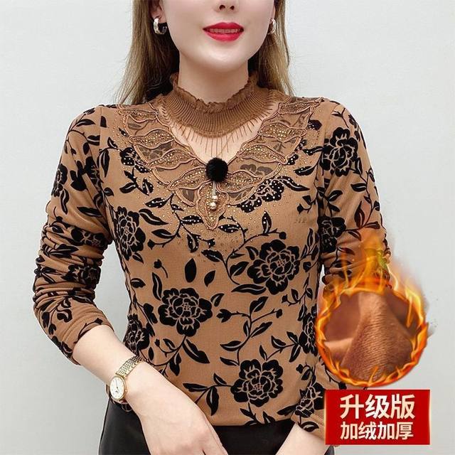 Lace bottoming shirt 2020 autumn and winter wear a half-high collar plus velvet thick warm jacket women's net yarn all-match foreign style