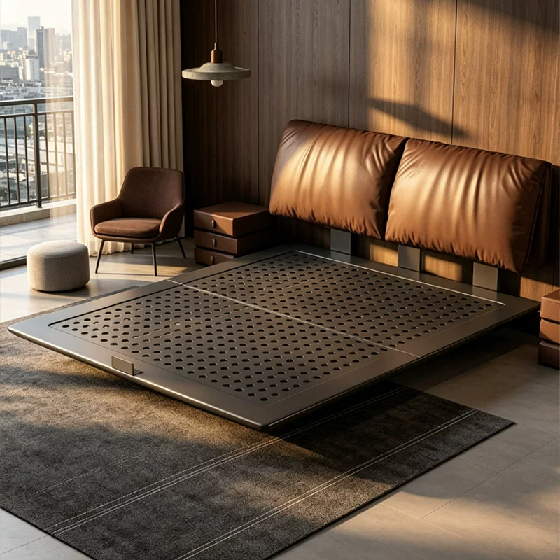 Elephant Ear Ultra-Thin Wrought Iron Bedside Floating Carbon Steel Storage Leather Bed Italian Light Luxury Master Bedroom 1.8m Wedding Bed