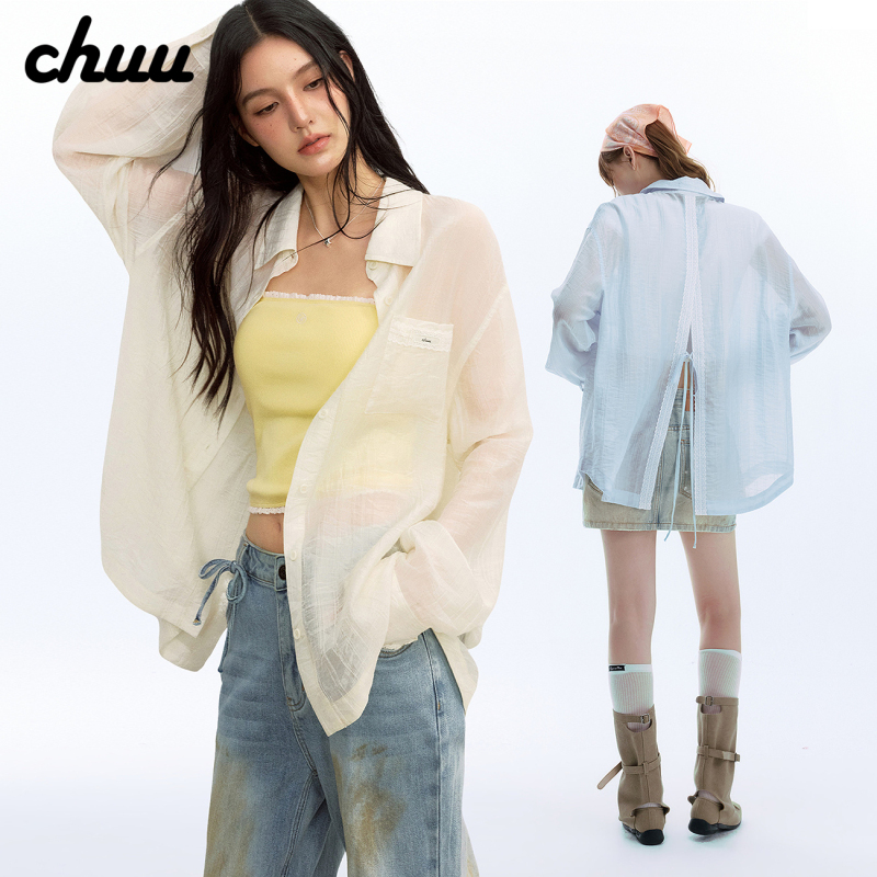 Chuu Back Slit Lace-Up Shirt for Women 2026 Summer New Product Pleated Texture Slightly See-Through Loose Thin Long-Sleeved Shirt