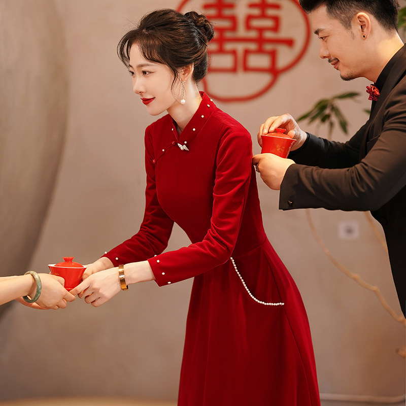 Qipao toast to the bride 2021 new normal can wear wedding gown wine red engagement dress Back to door Winter Women