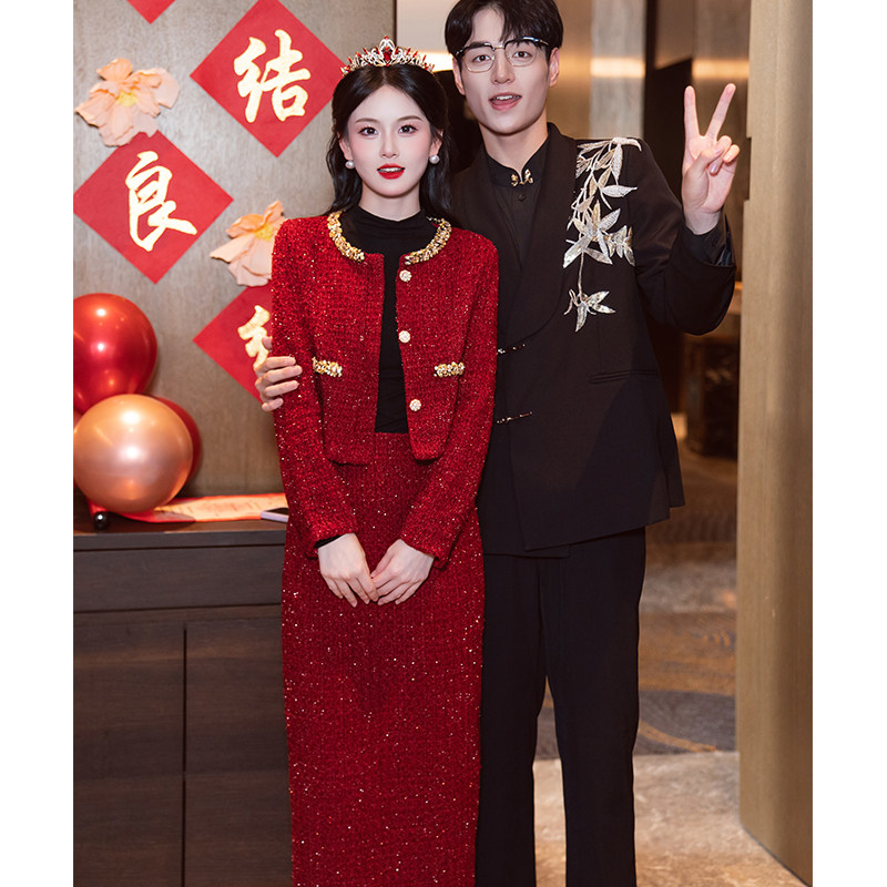 👗小香风外套订婚礼服秋冬结婚衣服敬酒服新娘冬季套装红色过年冬天👑-礼服/晚装-淘宝好物网
