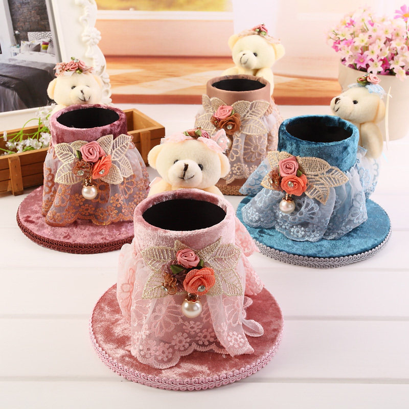 Korean Cloth Art Lace Small Bear Pen Holder Containing Silo Creative Gift Fashion Student Pen Holder PENCIL CASE PEN BARREL