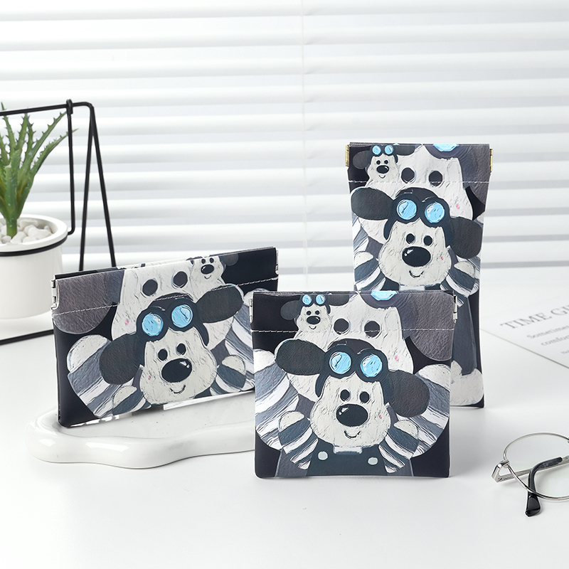 Black and White Puppy Shrapnel Automatic Closing Data Cable Storage Bag Wired Earphones Portable Bag Mini Portable Storage Bag