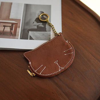 New handmade retro cat coin purse for women, vegetable tanned cowhide, soft, cute, compact coin bank card holder pendant