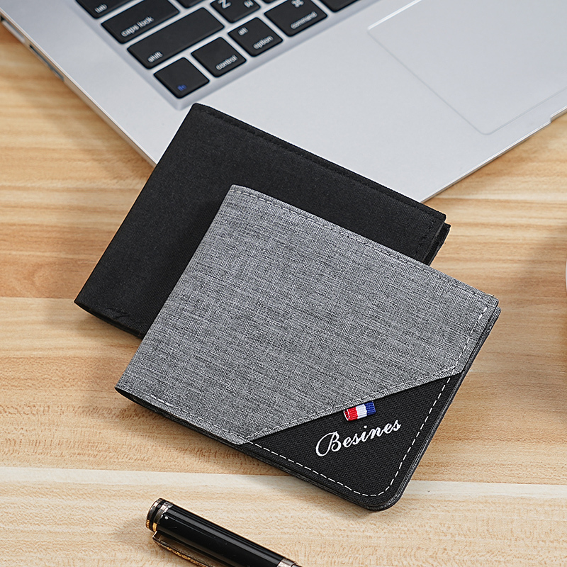 Canvas Color-Block Wallet for Men, Short Style, 2026 New Trendy Brand, Youth Student, Unique, Simple, Ultra-Thin, Foldable Card Holder