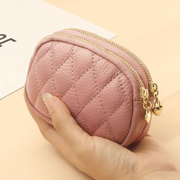 2026 New Style First-Layer Cowhide Diamond Embroidery Key Ring Coin Purse Double-Layer Zipper Genuine Leather Small Coin Purse for Women