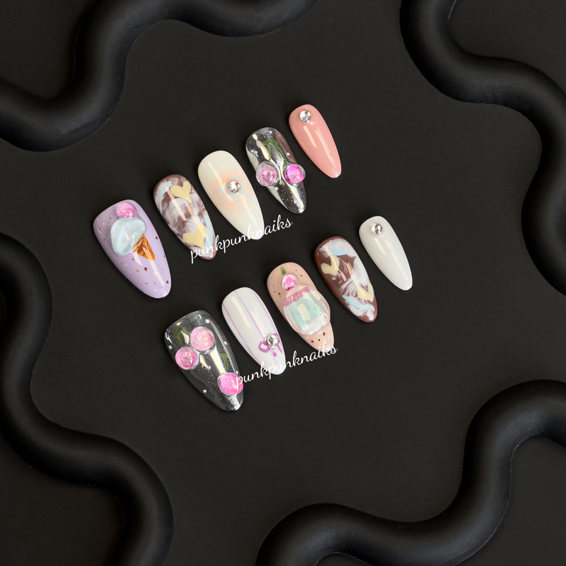 [Summer Ice Cream] Japanese and Korean Sweet Style ins Same Style Summer Cherry Theme Handmade Wearable Nails