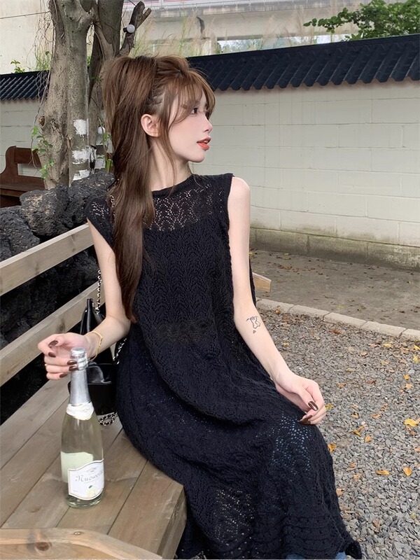 Design-Conscious, Unique Layered Knit Tank Dress with Back Slit for Women in Summer, Chic Dress