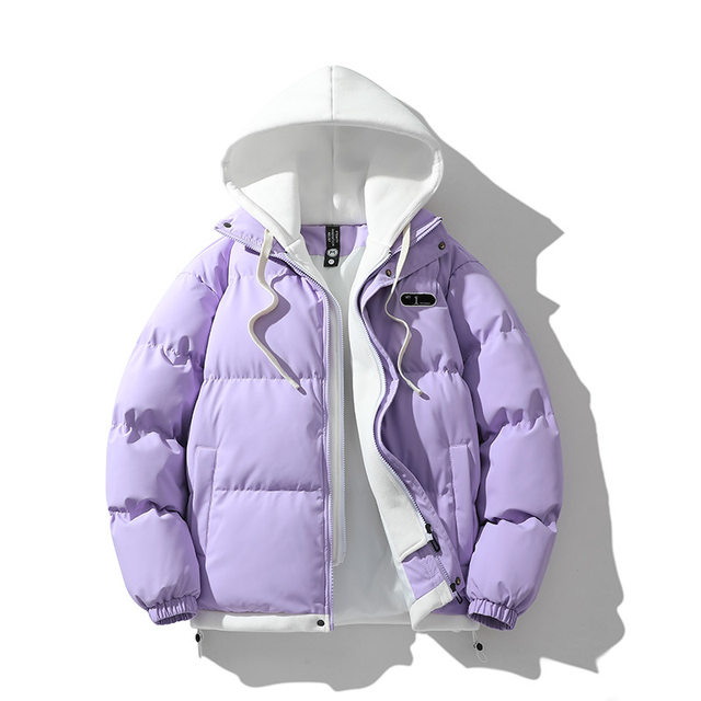 ລະດູຫນາວໃຫມ່ແບບເກົາຫຼີສະບັບພາສາເກົາຫຼີຫນາຫນາອົບອຸ່ນປ້າຍລົດປອມສອງສິ້ນ hooded ຝ້າຍ coat trendy ຄູ່ຜົວເມຍ versatile ຝ້າຍ padded jacket