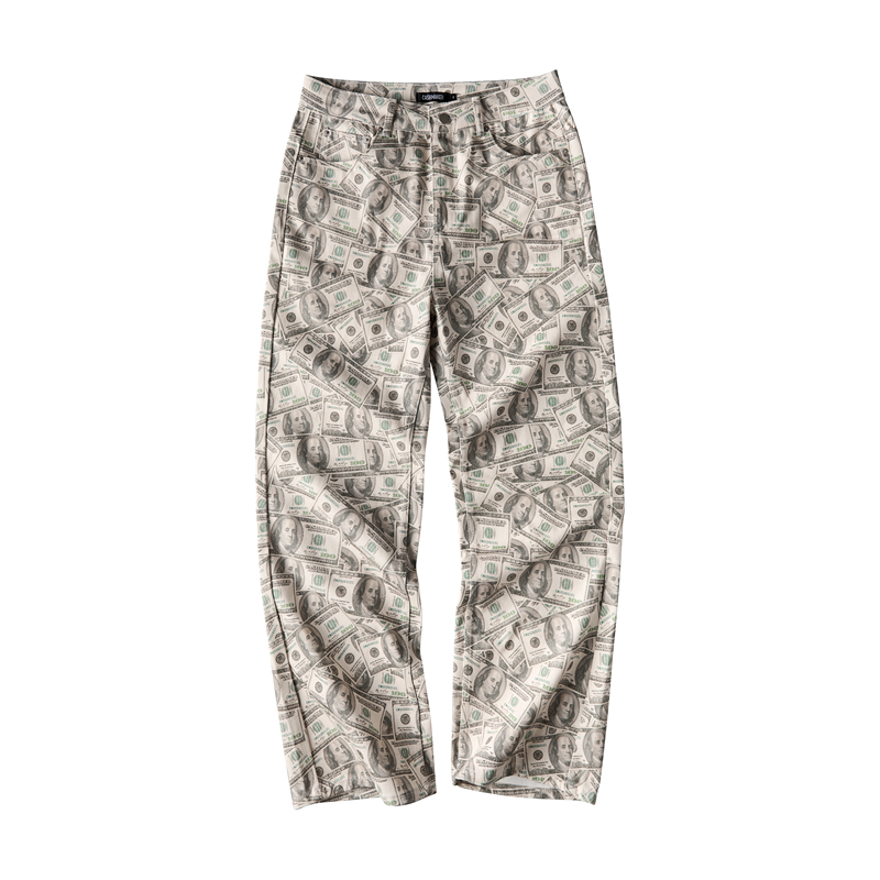 Cashmaker Digital-Printed Wide-Leg Jeans with a Full Print of Dollar Bills