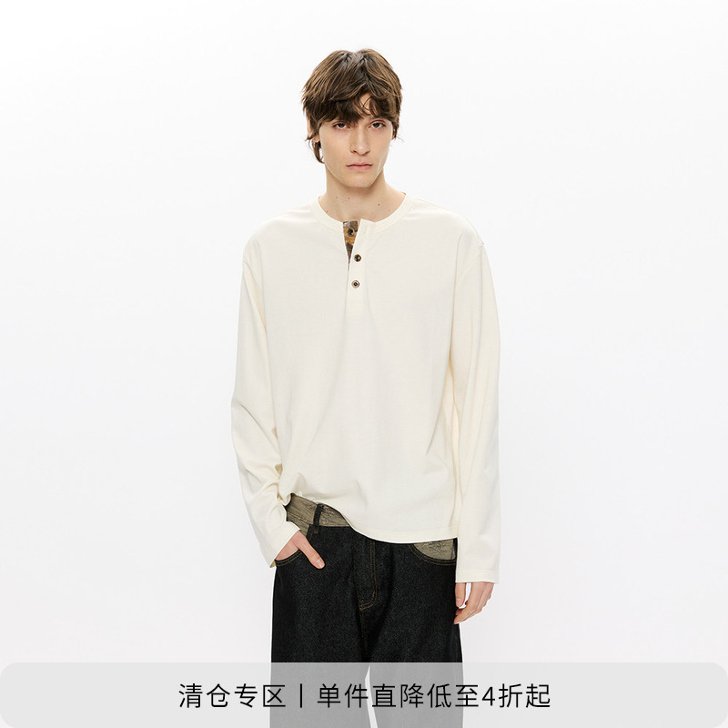 Kreate "Natural Series" Linen Color-Blocked Henley Collar Base Shirt, Basic Skin-Friendly Spring and Autumn Long-Sleeve T-Shirt