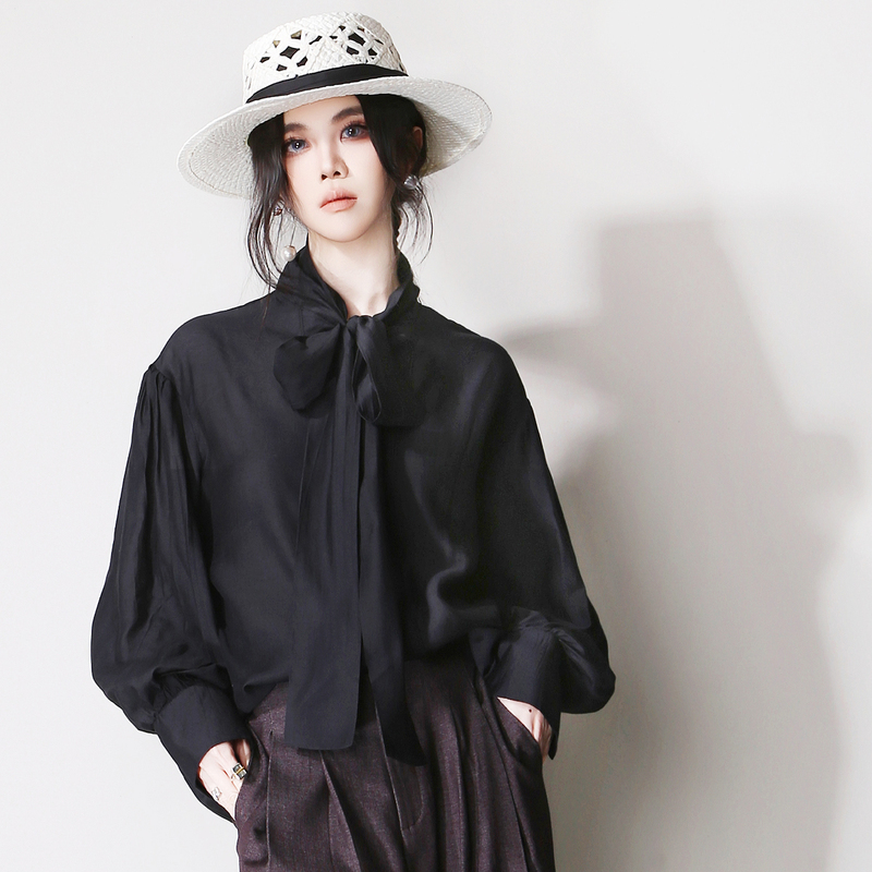E62 Elegant European and American Style Long Bow Tie Ribbon Knotted Loose V-Neck Long-Sleeve Thin Slimming Shirt