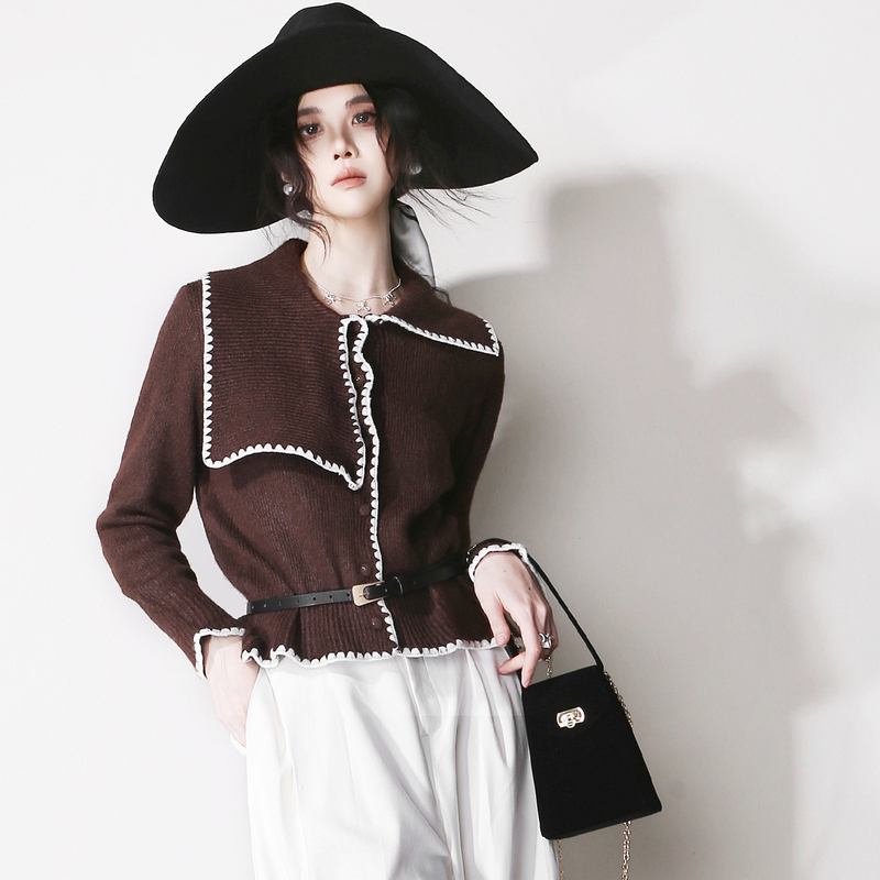 E71 Versatile Two-Way Asymmetrical Neckline Color-Blocked Vintage Slim-Fit European and American Style Sweater Coat