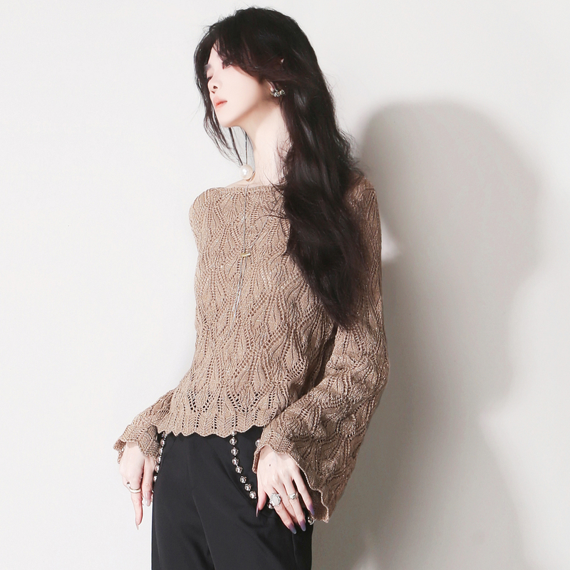 J14 Gold Thread Low-Key Shimmering Hollow-Out Vintage Crochet Loose Flared Sleeve Pullover High-Waisted Thin Knit Top