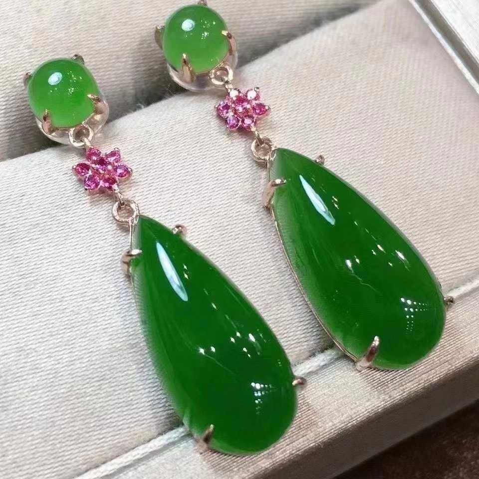 18k thick gold inlaid natural Xinjiang Hetian jasper water drop earrings women's ice bottom old material Zhengyang green female ear acupuncture