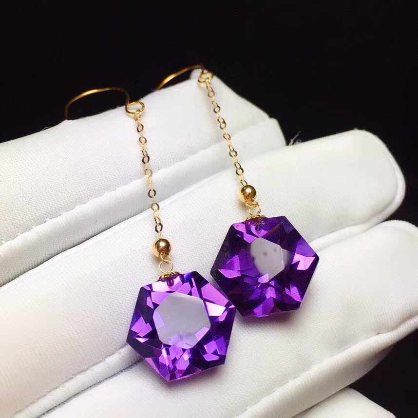 18k Gold Inlaid Natural Brazilian Amethyst Faceted Hexagram Drop Earrings Faceted Deep Purple Hexagon Long Ear Chain Hook