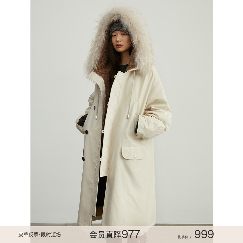 Fu Zhen, Manchester City's Past, Long Hooded Raccoon Fur Collar 90% White Duck down Parka, Warm Winter Coat