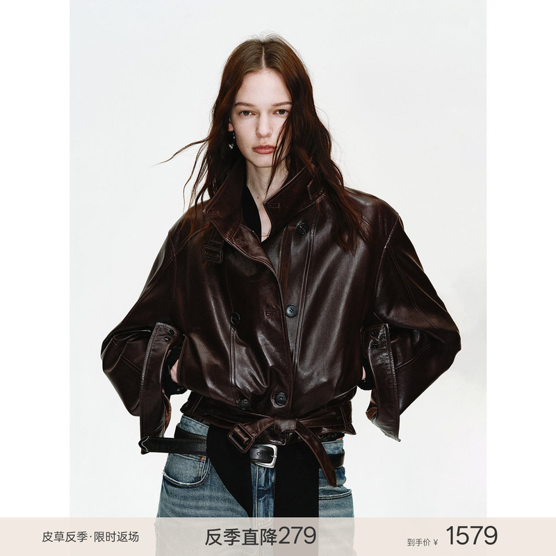 Fu Zhi En Imported Oil Wax Sheepskin Short Genuine Leather Jacket for Women, Double-Breasted Biker Jacket | Heartbeat Radio
