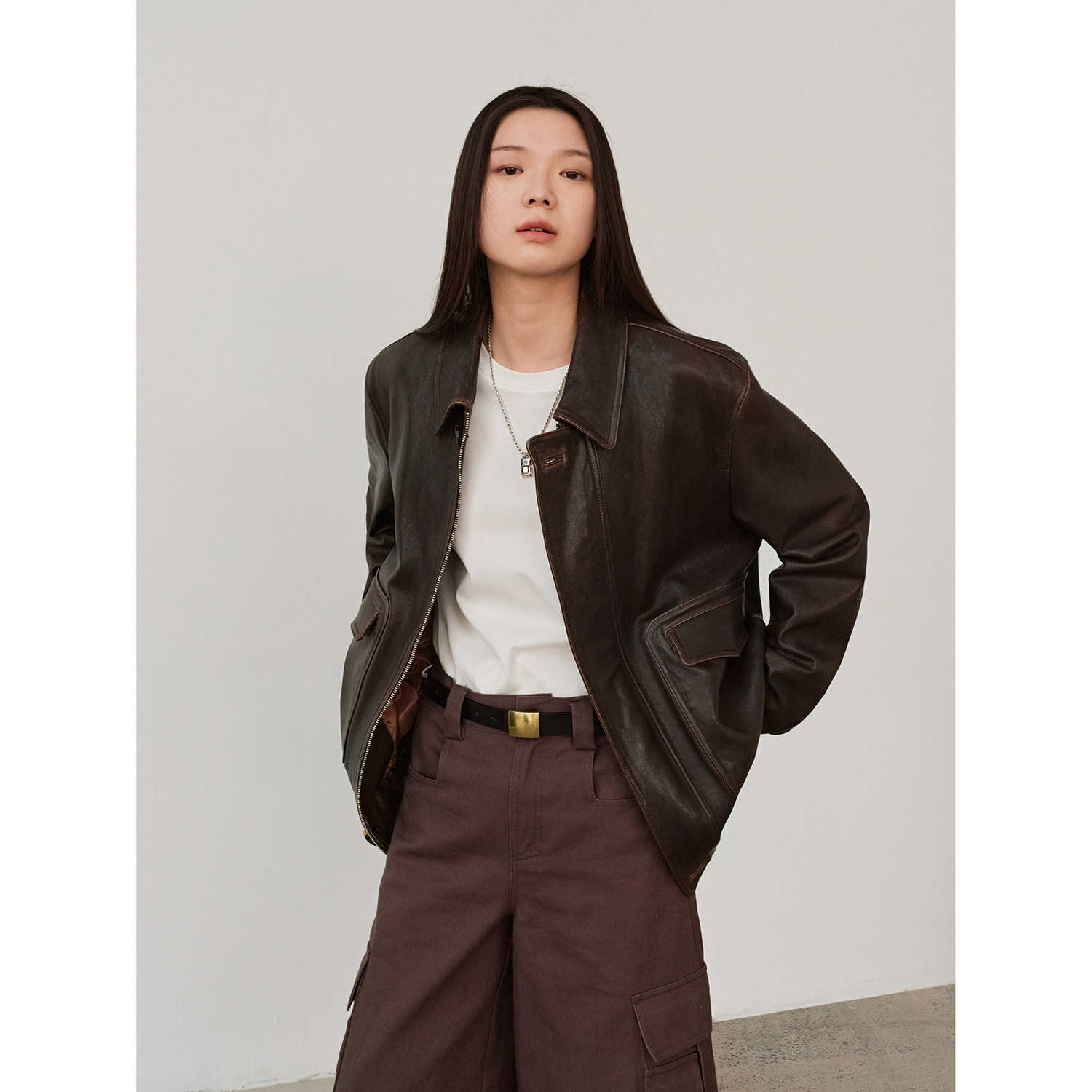 Fu Zhien Nancheng Old Lane Retro Classic Pilot Leather Jacket Small Lapel Leather Leather Coat Female Spring and Autumn