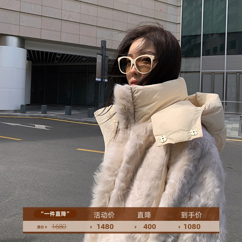 Pay Zen Two sides wearing down the down import amniotic hair fur integrated splicing down clothing Fashion leather grass jacket winter