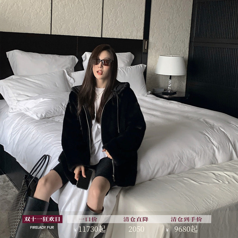 Fu Zhien deconstruction imported mink fur coat female fur whole mink hooded mink plush coat new