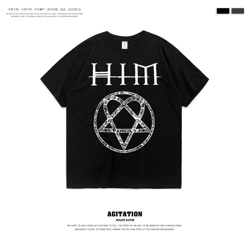Him Rock Band Themed T-Shirt Loose Casual Top Black Printed Short-Sleeved Unisex Student Youth Trendy Brand