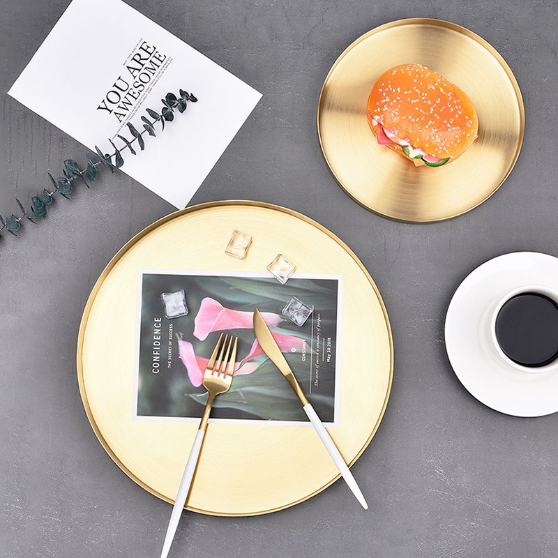 Nordic gold stainless steel geometric circular tray cosmetics collection disk desktop decoration debris plate tea disk
