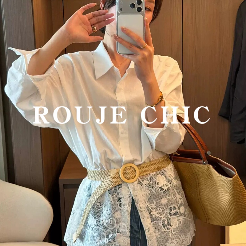 French Rouje Chic French-Style Old Money Style Lace Patchwork White Shirt for Women, Early Spring Design, Loose-Fitting Shirt