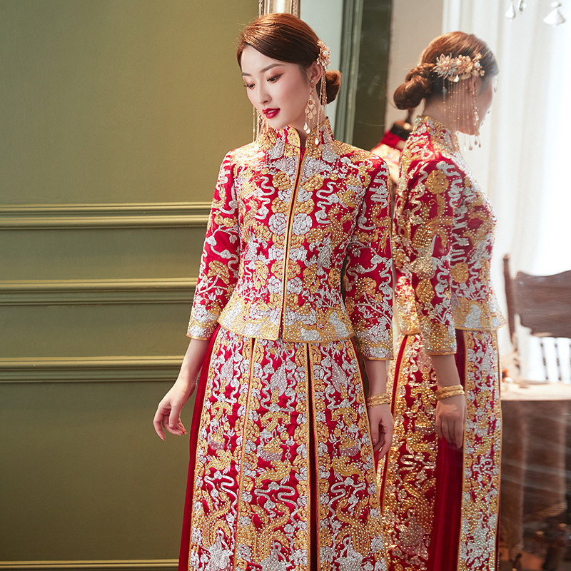 Summer show and suit 2022 new brides dragon crested dresses 2021 Grand size Yard Wedding Dress Chinese Wedding and Show Suit