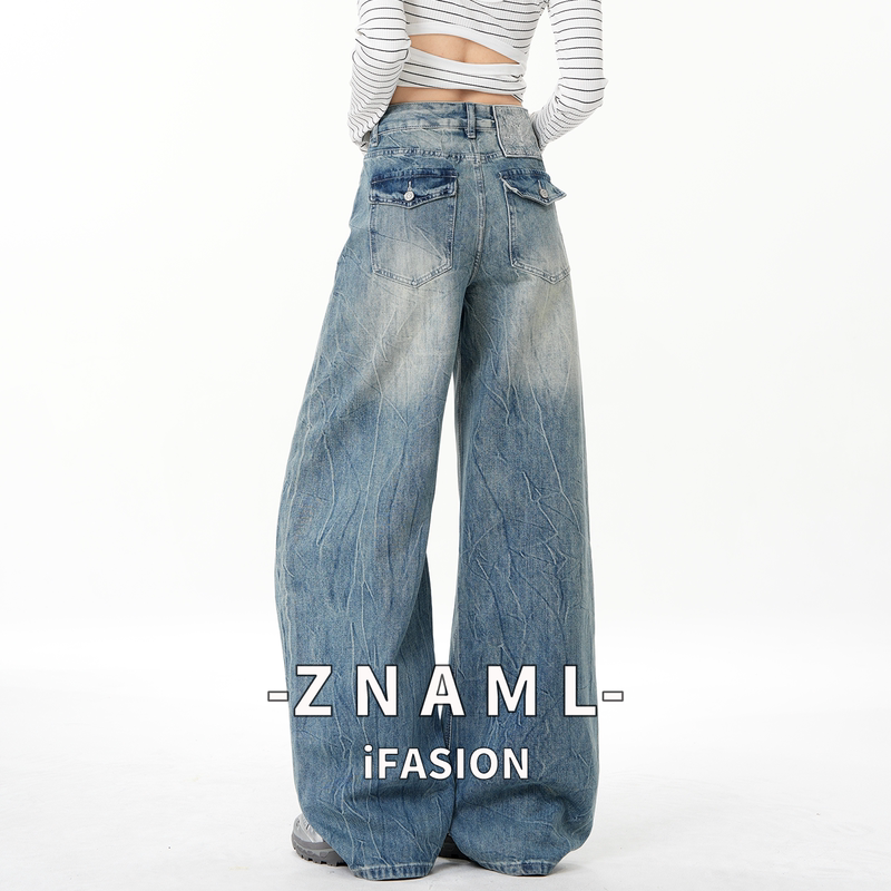 Retro Blue Embroidered Jeans for Women, Wide-Legged and Loose, 2026 Early Spring New Style, Low-Waisted, Slimming Look Straight Pants