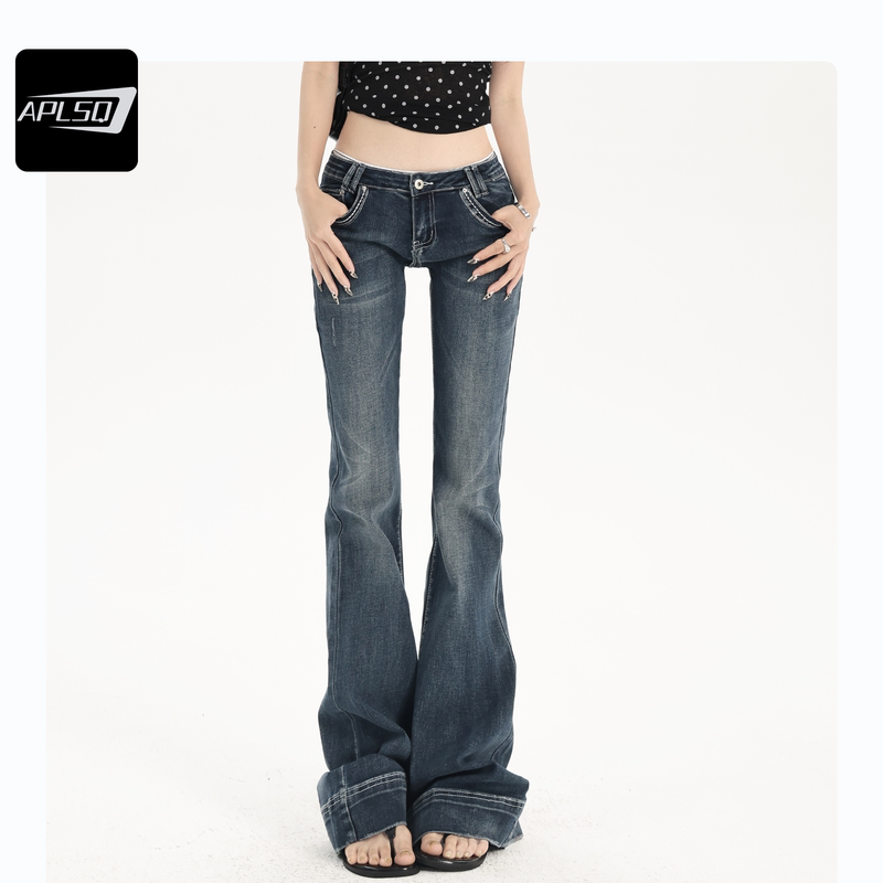 Aplsq Original Znaml American-Style Low-Waisted Flared Jeans for Petite Women, Stretchy, Non-Tight, Cropped Bell-Bottom Pants