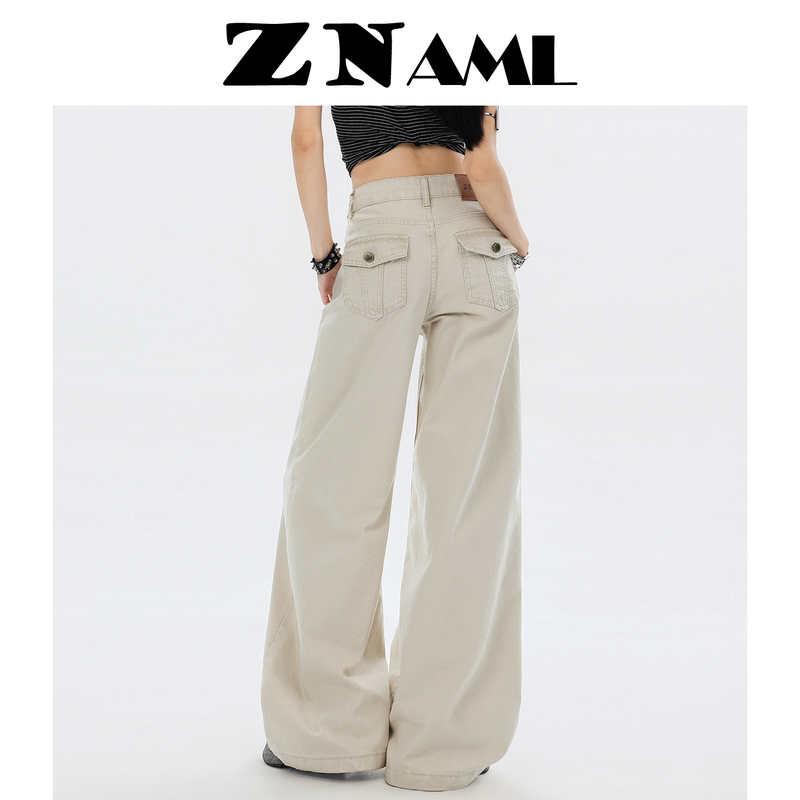 Znaml Light Apricot Wide-Leg Jeans for Women 2026 New Mid-Low Waist Loose Slimming Drapey Casual Straight-Leg Pants