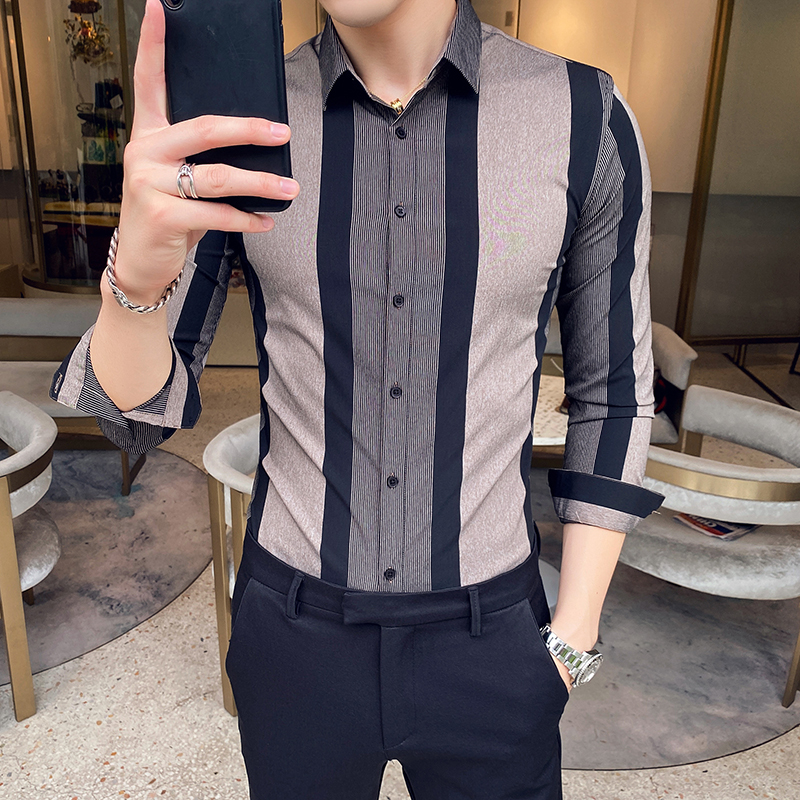 Rich bird spring and autumn striped shirt men's long-sleeved tide brand high-end design sense niche casual shirt men's slim fit