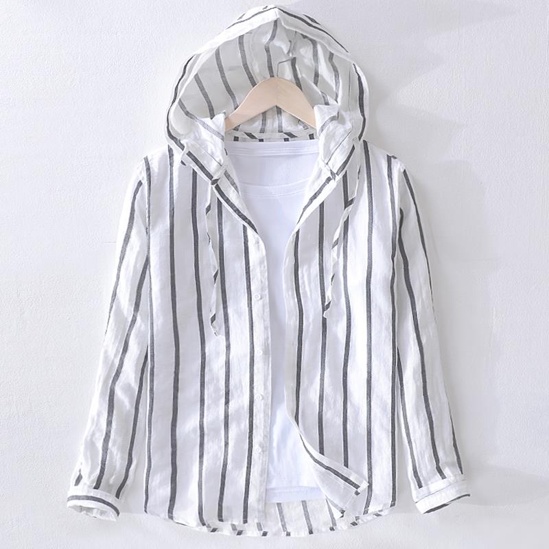Fuguiniao Summer Japanese Literary Shirt Men's Striped Hooded Shirt Casual Loose Trendy Versatile Outerwear Sunscreen