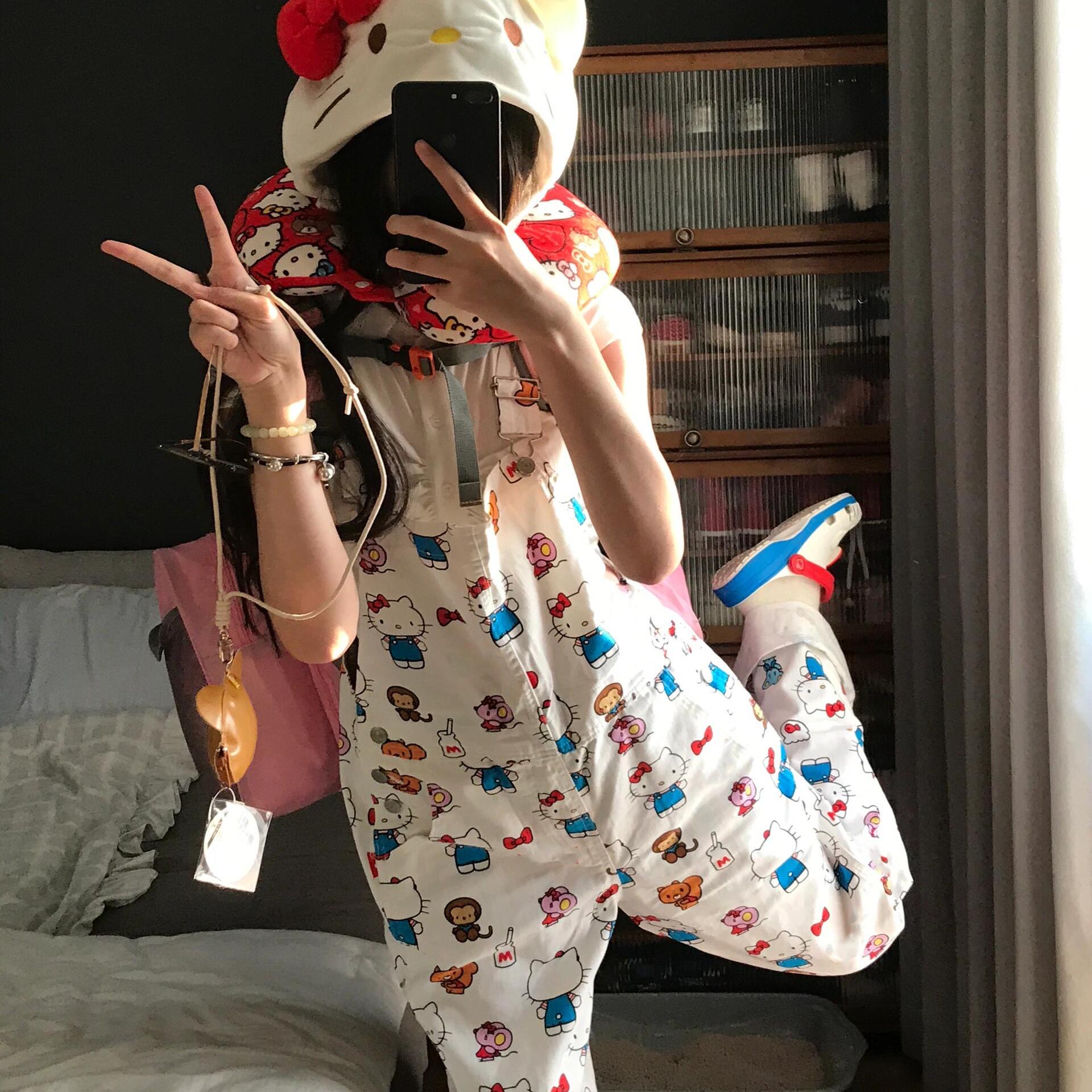 アメリカンレトロルーズスリムストレートカジュアルパンツ春と秋ハローキティワイドレッグパンツジャンプスーツオーバーオールレディース