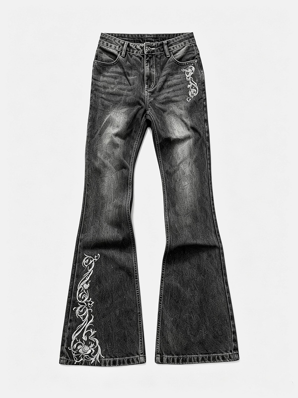 Huihang "Washed Rose Embroidery Rhinestone" Heavy-Duty Distressed Flared Slim-Fit Height-Enhancing Jeans