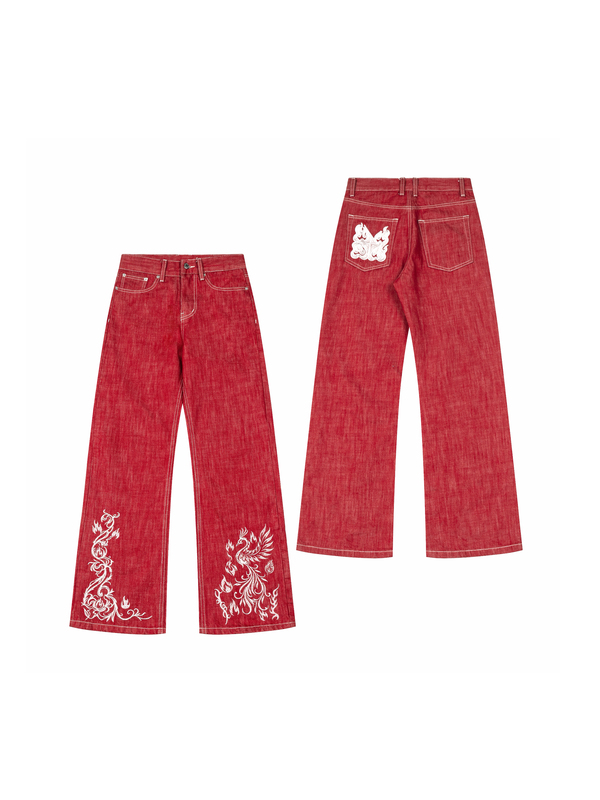 Huihang's Exclusive "Phoenix Red Flame Embroidery Raw Cowhide Leather Washed Red Straight-Leg 2021m Vintage Denim Pants Huihang's Exclusive "Phoenix Red Flame Embroidery Raw Cowhide Leather Washed Red Straight-Leg 2021m Vintage Denim Pants