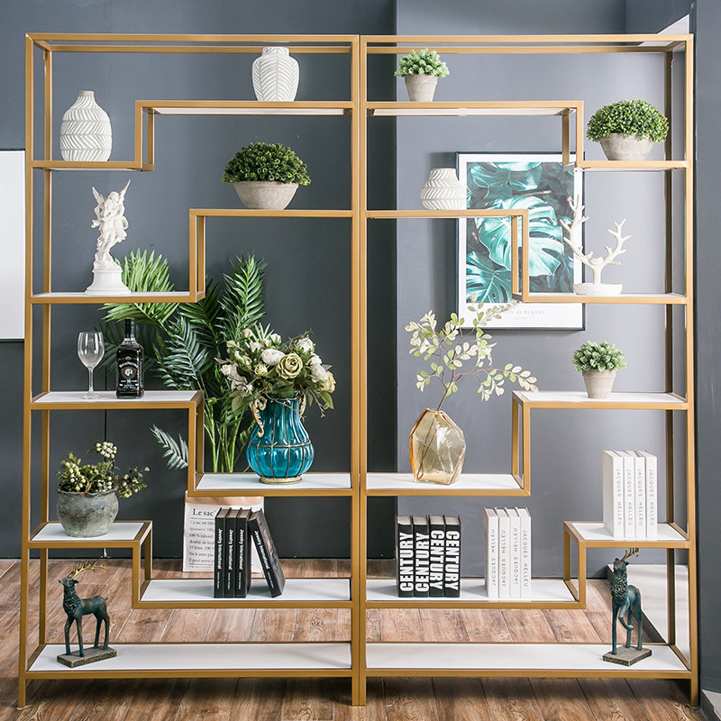 Nordic bookshelf industrial wind partition golden iron art rack multi-layer display stand solid wood creative locker